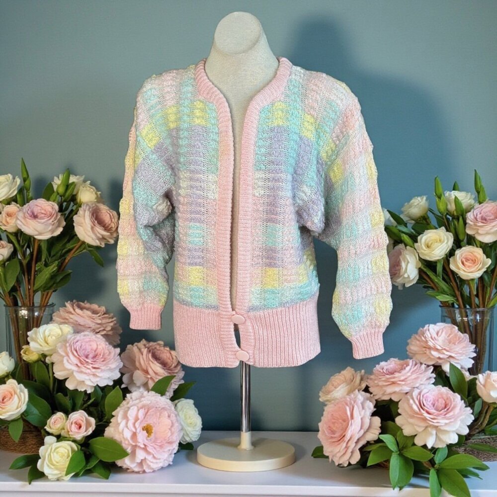 J.J. Browne Cardigan Sweater Vintage 80s Fuzzy Coastal Grandma Pastel